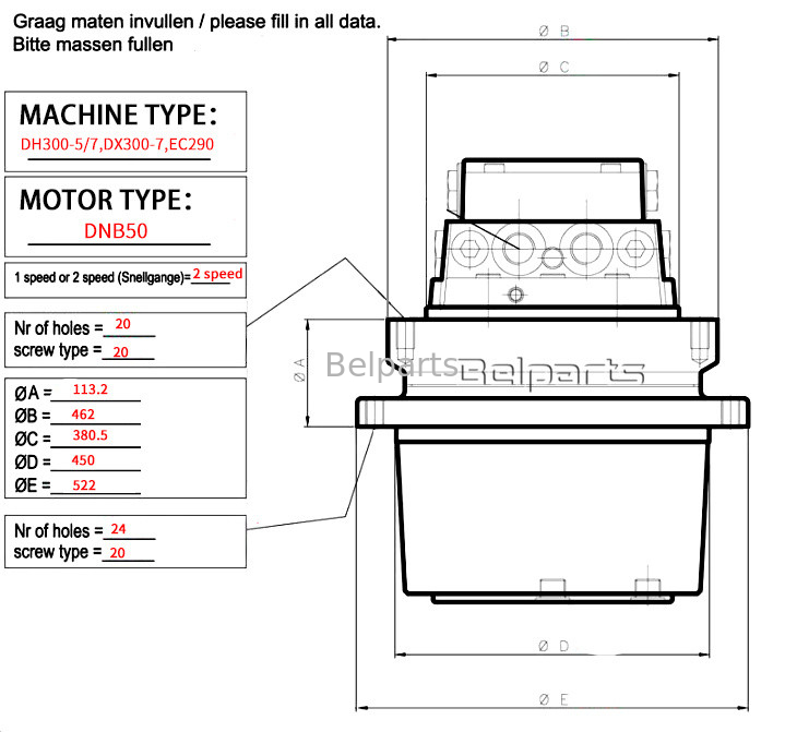 Doosan DX300-7 DH300-5 EC290 Reisemotor Assy für Baggerteile